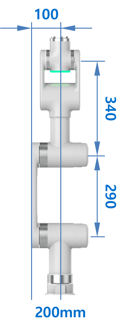 OPTi3 dimensional diagram showing a 100 mm offset from the base axis, 340 mm upper arm, 290 mm forearm, and a 200 mm rotation diameter in the folded pose