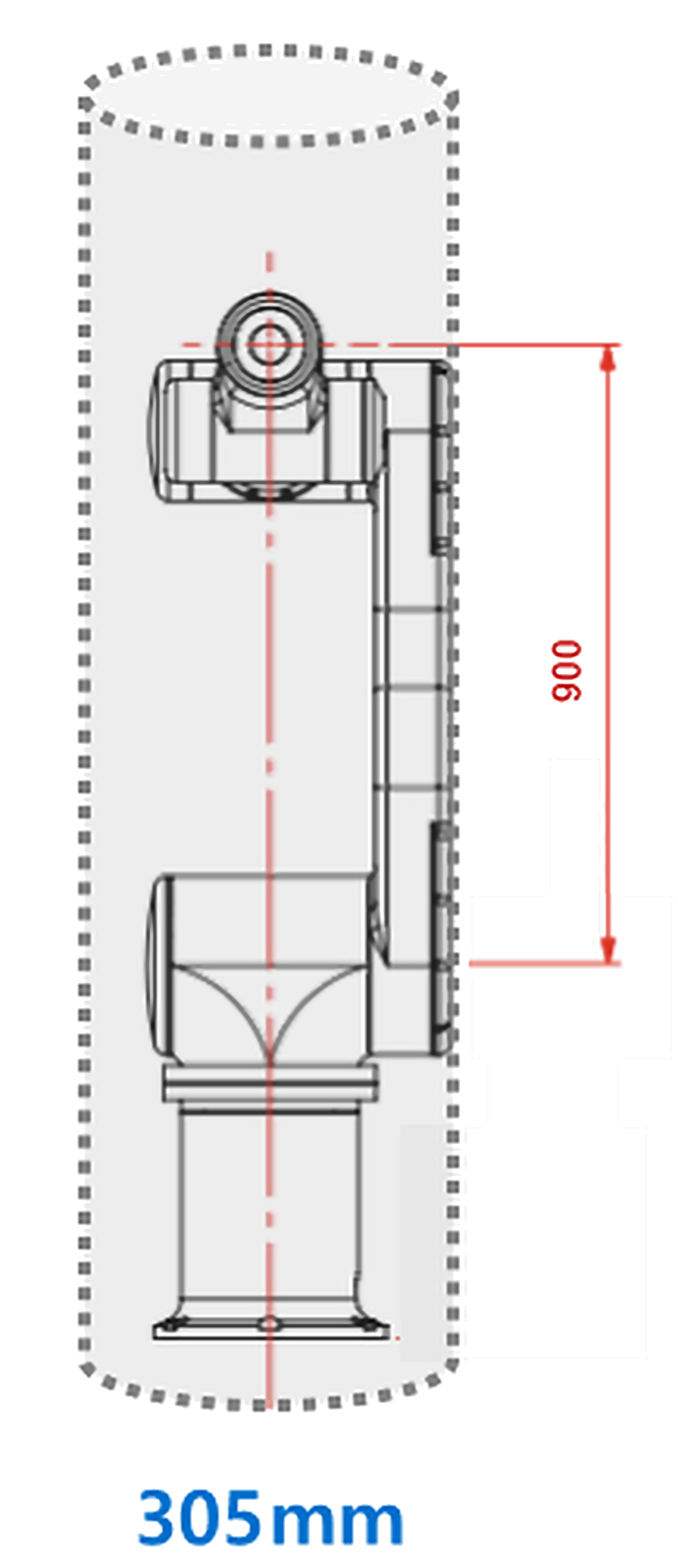 OPTi5 dimensional diagram showing 900 mm from joint 2 to joint 5 and a 305 mm rotation diameter in the folded pose